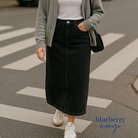 Vintage Black Denim Maxi Skirt | 90s Y2K Minimalist Capsule | Size 8 - Picture 1 of 7